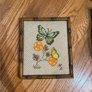 Vintage Boho Embroidered Butterfly Floral Wall Art in Bamboo Frame